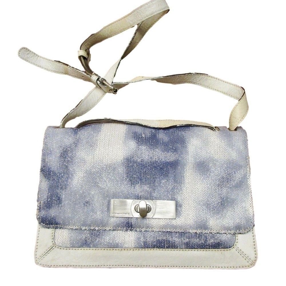 BCBGMaxAzria Womens Blue White Sequins Leather Rectangle Flap Shoulder Bag Purse